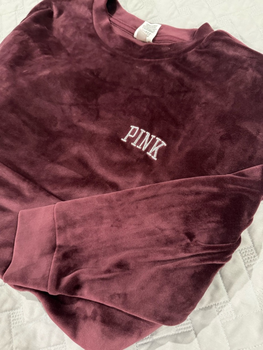 Victoria's Secret PINK Varsity Velour‎ Crew sweatshirt deep burgundy Sized Small